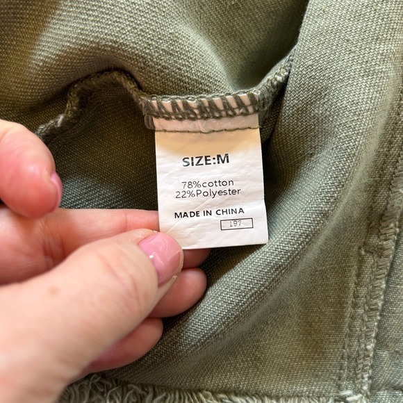 Olive Sage Green M Distressed Denim Trucker Jacket Frayed Hem Utility Grunge - Picture 10 of 11